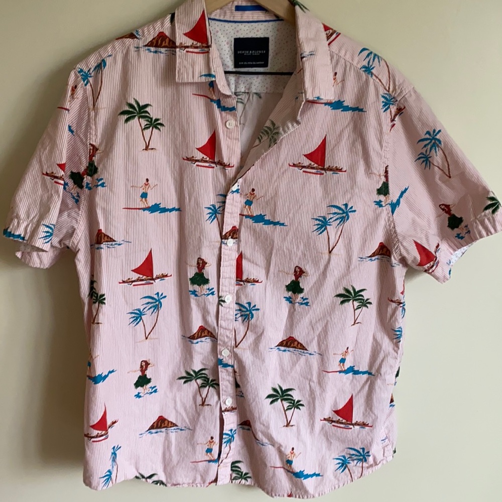 2/$20❗️Denim & Flower Button Down Hawaiian Shirt